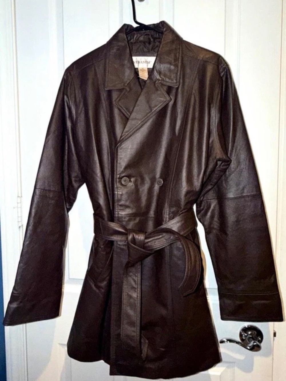 Veranesi Genuine Leather Women’s Brown Double-Breasted Belted Coat Size 18W